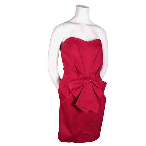Badgley Mischka Red Strapless Dress by Mark & James Waist Bow Sequins Cotton NEW - Picture 3 of 13